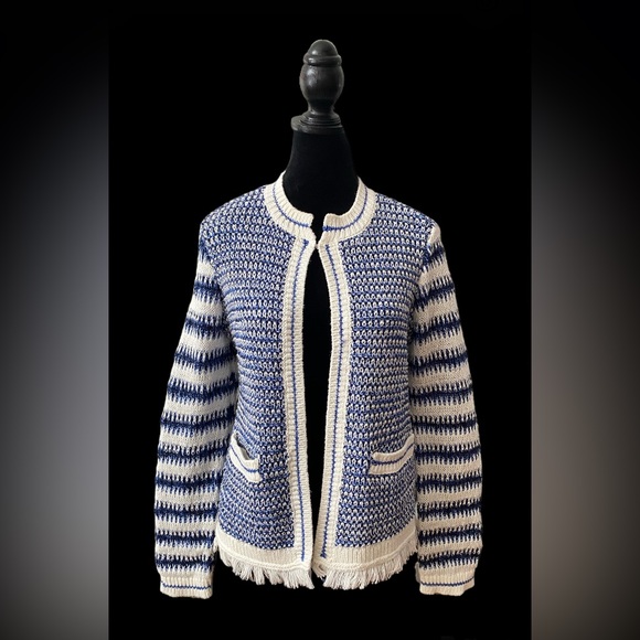 Talbots: Blue and White Mix Textured Jacket Sweater with Fringe Trim - Picture 3 of 17